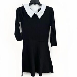 BCX Black Knit Dress Size Juniors M Peter Pan Pearl Collar Long Sleeves FLAWED